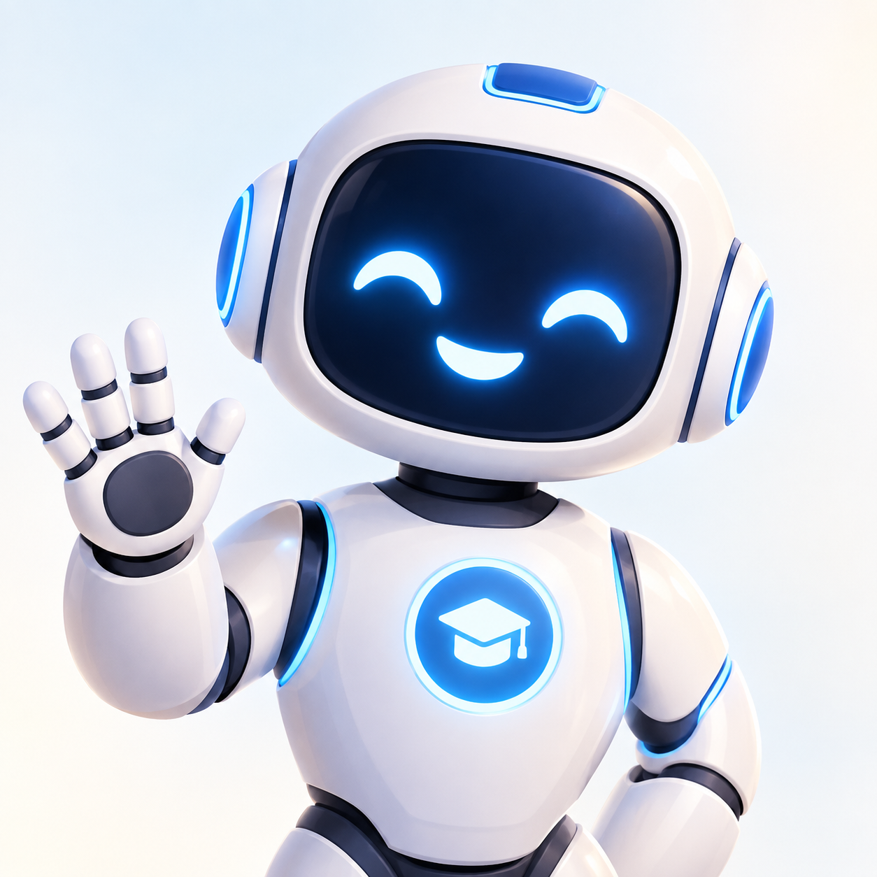 Freundlicher KI-Tutor-Roboter, winkend, komplett sichtbar