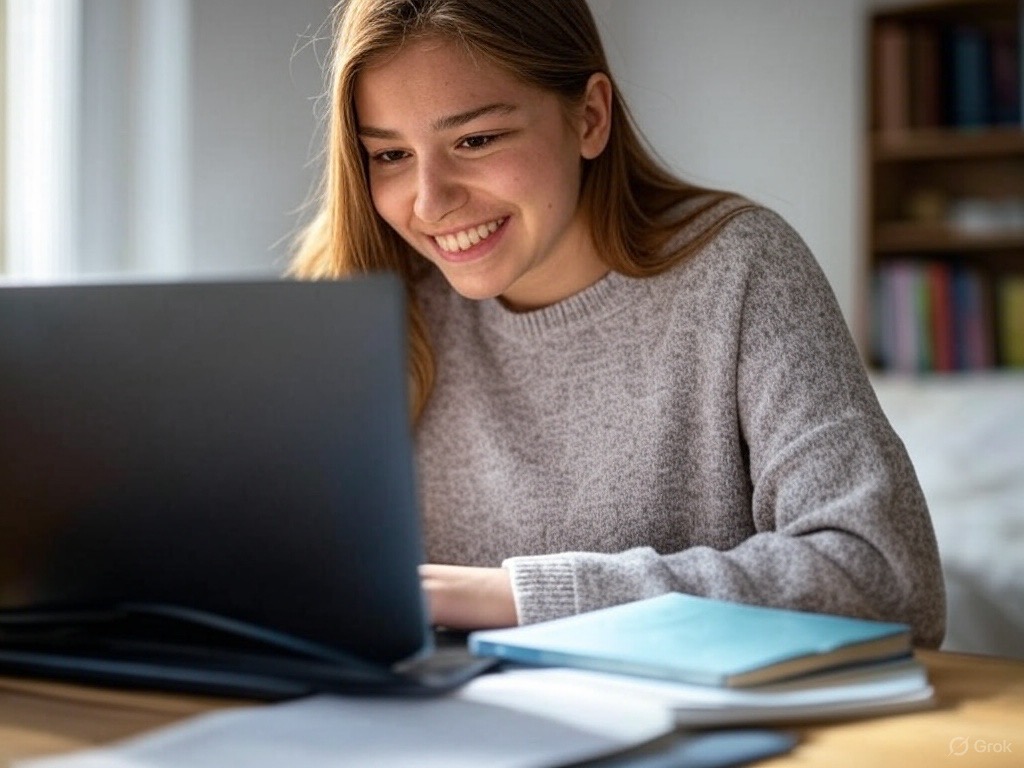Schülerin lernt lächelnd online am Laptop